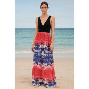 Faded Glory Maxi Tank Dress Womens Med Red Blue Black Beachy Artsy Vacation